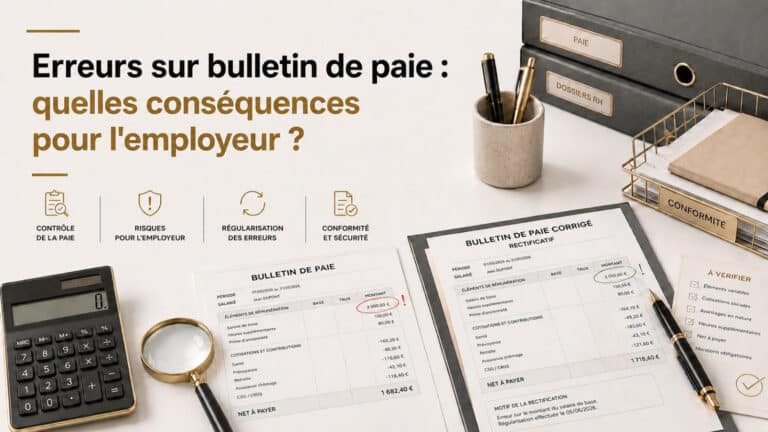 Dirigeant TPE examinant un bulletin de paie avec une calculatrice sur son bureau